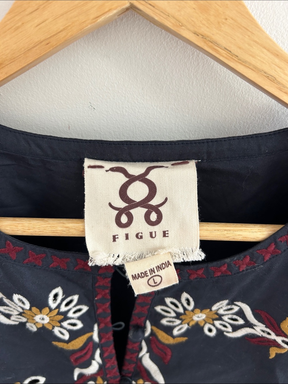 FIGUE Embroidered Navy Boho Tunic Top with Mustard & Red Accents - Picture 2 of 3